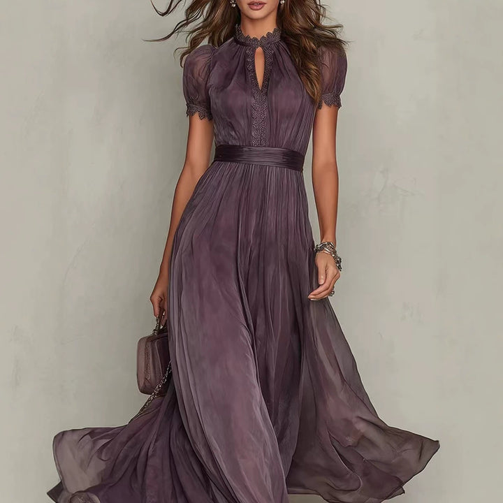 Women's Long Chiffon Evening Dress with Lace Stand Collar, Keyhole Opening and Tailored Sash StylebySassy