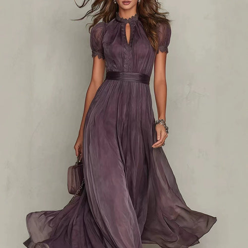 Women's Long Chiffon Evening Dress with Lace Stand Collar, Keyhole Opening and Tailored Sash StylebySassy
