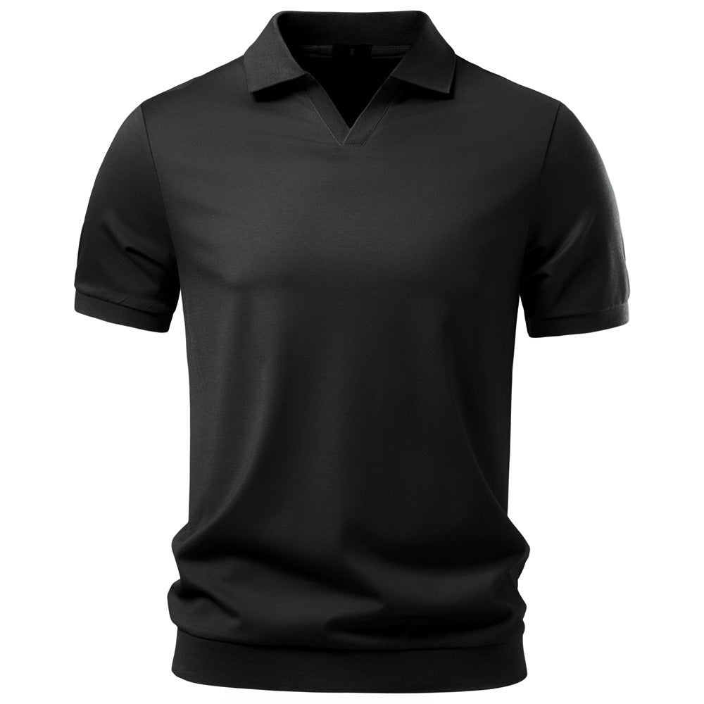 Men's fine-knit short-sleeve polo shirt with open V-neck and elastic hem StylebySassy