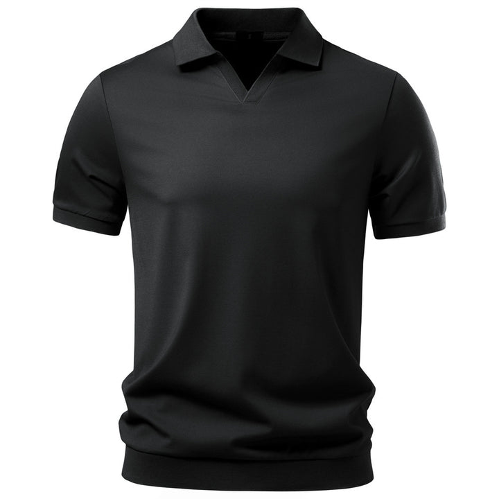 Men's fine-knit short-sleeve polo shirt with open V-neck and elastic hem StylebySassy