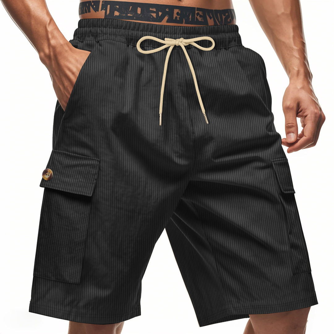 Men's casual utility bermuda with fine ribbed texture, elastic drawstring, and flap pockets StylebySassy