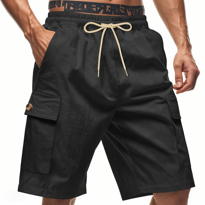 Men's casual utility bermuda with fine ribbed texture, elastic drawstring, and flap pockets StylebySassy