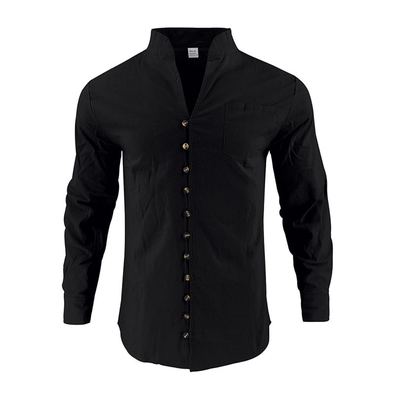 Men's lightweight linen shirt with stand-up collar, full button placket, and patch chest pocket StylebySassy
