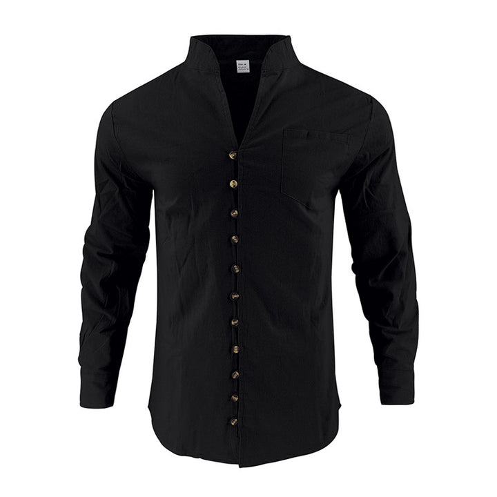Men's lightweight linen shirt with stand-up collar, full button placket, and patch chest pocket StylebySassy
