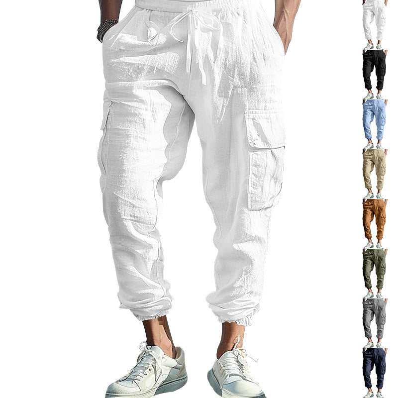 Men's Casual Linen Cargo Joggers with Drawstring Waist, Large Flap Pockets and Elastic Ankle Cuffs StylebySassy
