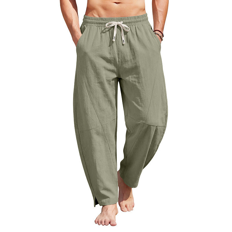Men's airy comfort summer pants with elastic tunnel drawstring waistband, decorative seams, and side ankle slit StylebySassy