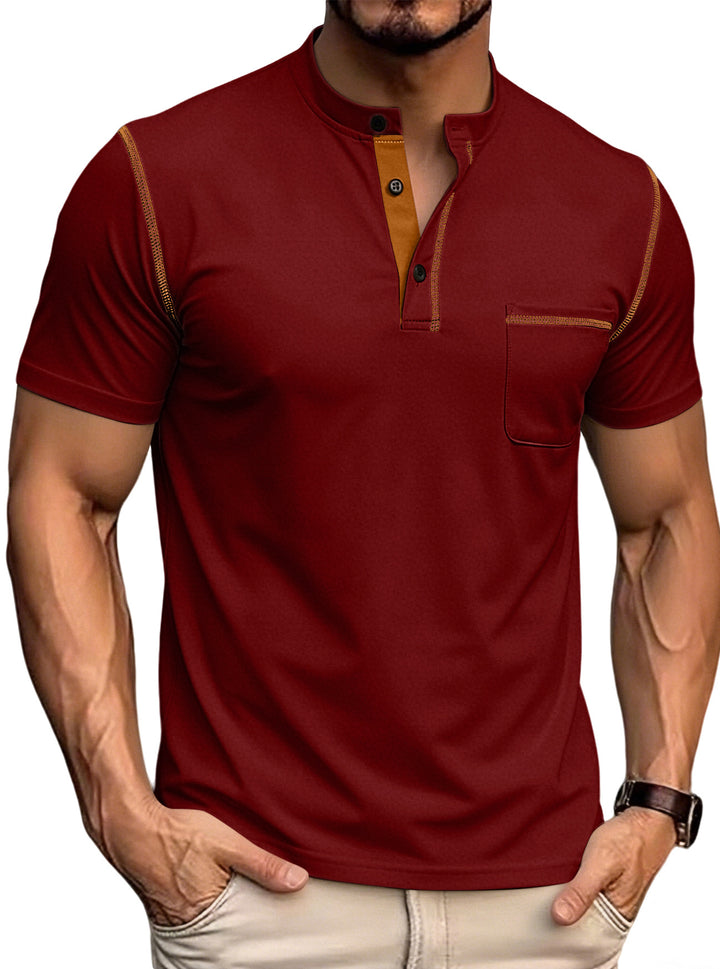Men's short-sleeved polo shirt with stand-up collar button placket chest pocket made of elastic cotton blend StylebySassy