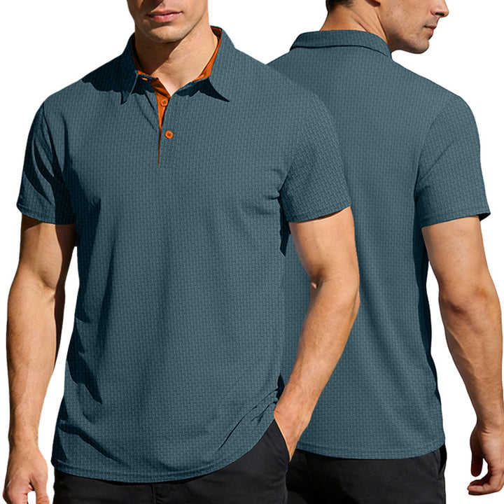 Men's finely textured polo shirt with shirt collar, contrast inner placket, and side slits StylebySassy