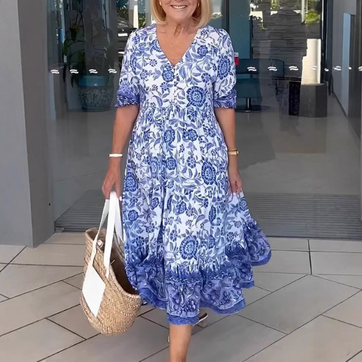 Women's Casual Tiered Midi Dress with V-Neck, Gathered Yoke and Ruffled Hem StylebySassy