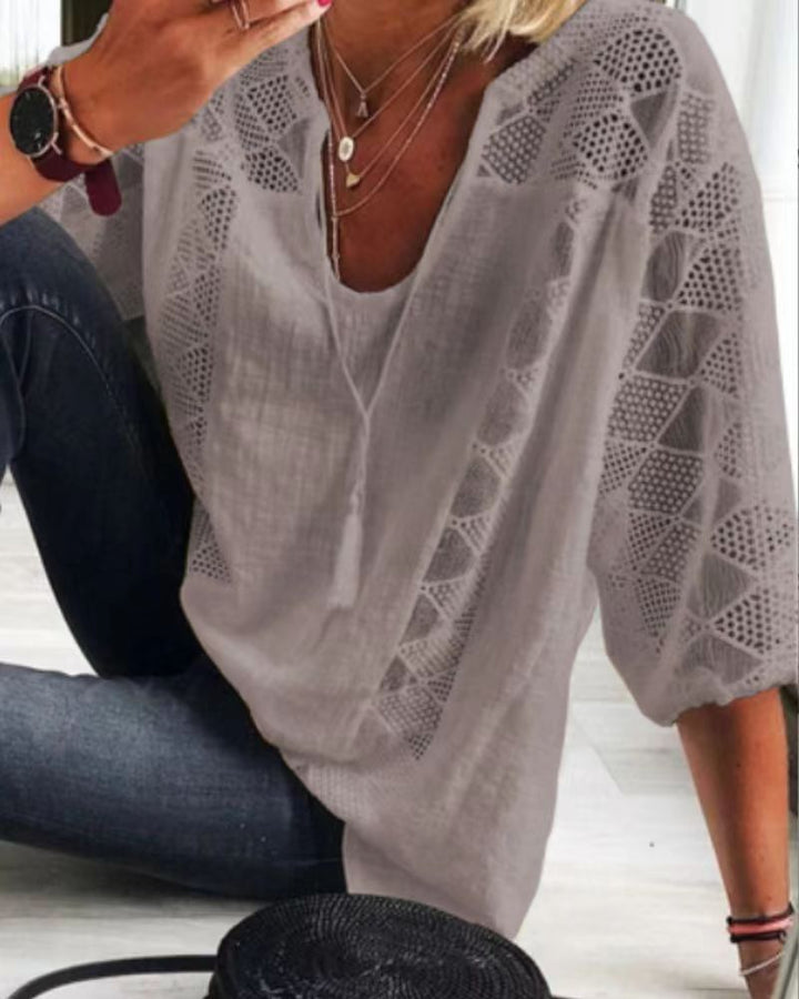 Women's airy blouse with deep neckline, lace inserts and balloon sleeves StylebySassy