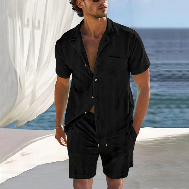 Men's Nano Lightweight Linen Resort Set with Short Sleeve Cuban Collar Shirt and Drawstring Bermuda StylebySassy