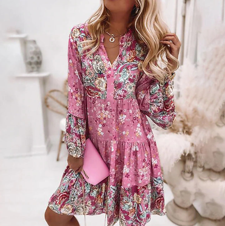 Women nan short tiered dress in Boho print with V-neck, gathered bust panel and balloon sleeves StylebySassy