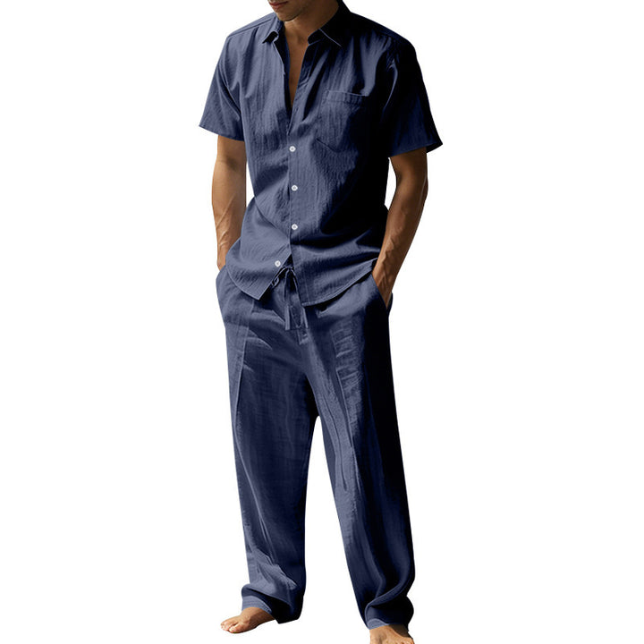 Men's resort-appropriate short-sleeve shirt with chest pocket and casual linen drawstring pants StylebySassy