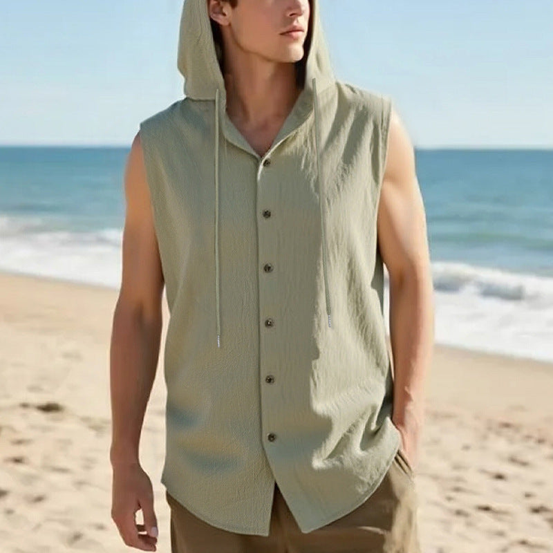 Men's sleeveless hooded shirt in linen look with wooden button placket StylebySassy