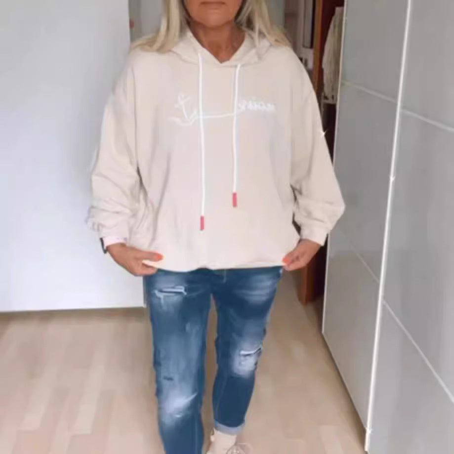 Women casual hoodie with minimalist line graphic, drawstring and ribbed hem StylebySassy