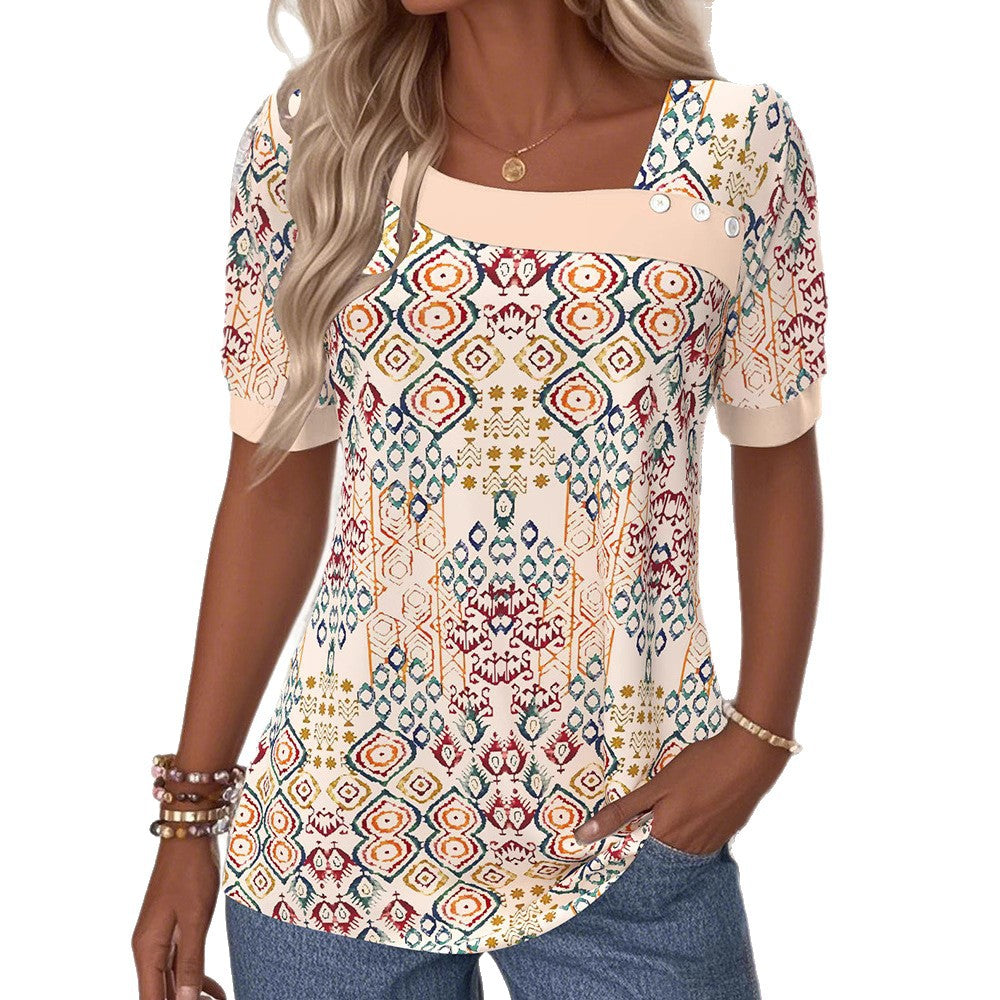 Women nan lightweight Boho blouse shirt with square neckline, decorative button placket and curved hem StylebySassy