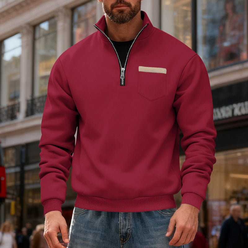 Men's nan sweatshirt with half zipper, stand-up collar, and chest pocket StylebySassy