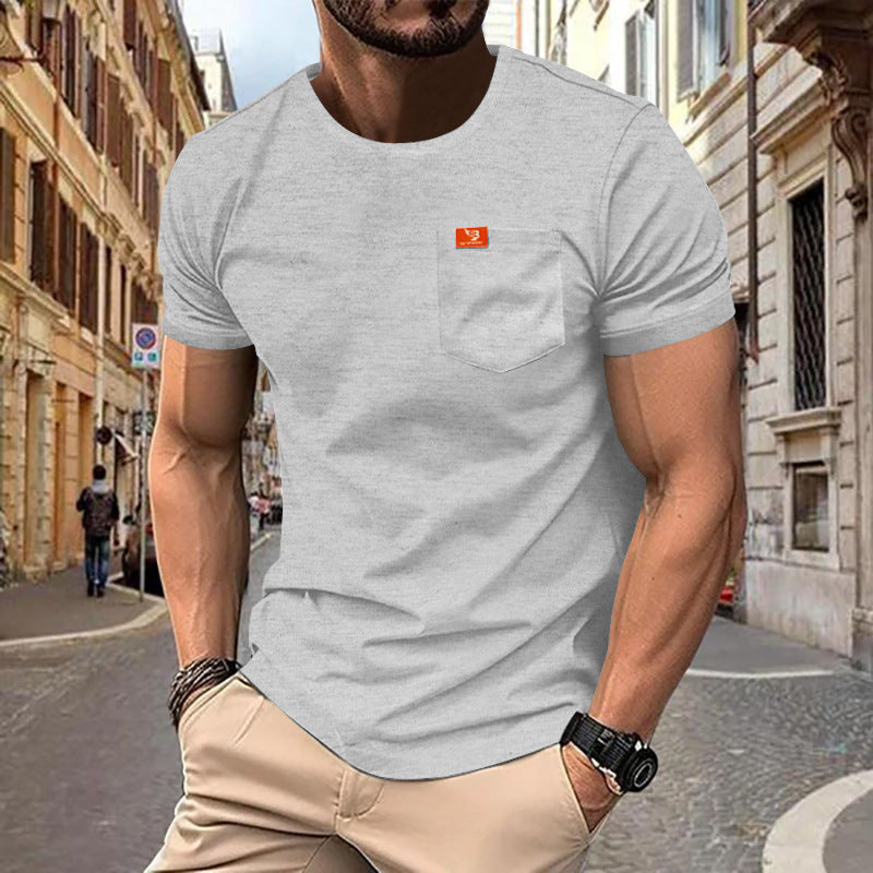Men's single jersey short-sleeve shirt with patch chest pocket, reinforced seams, and round neckline StylebySassy
