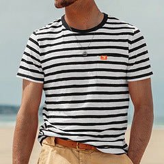 Men's casual striped cotton jersey T-shirt with round neckline and unobtrusive logo patch StylebySassy