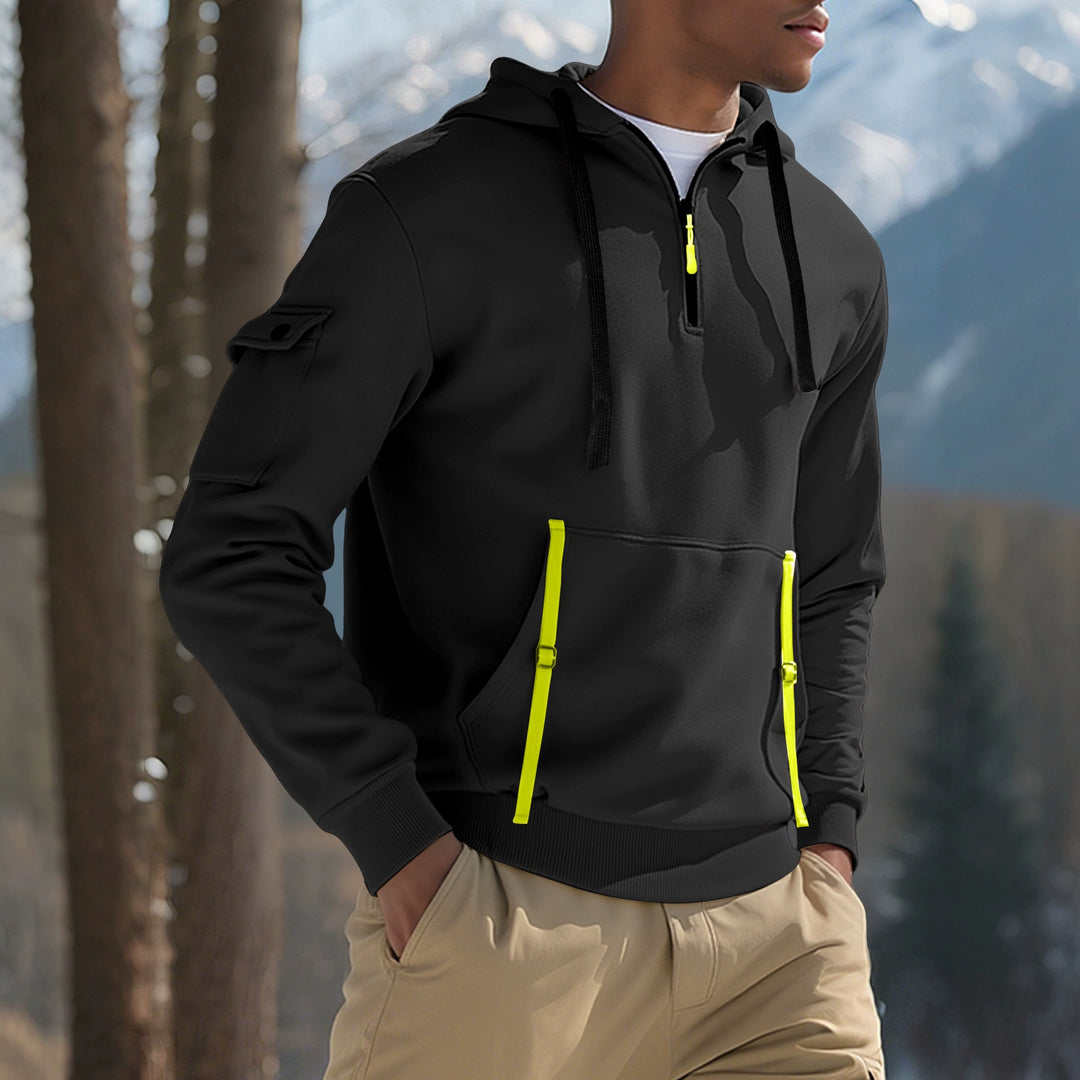 Men's Nano Urban Tech Hooded Half-Zip Pullover with Utility Arm Pocket, Kangaroo Pocket, and Adjustable Zipper Tapes StylebySassy
