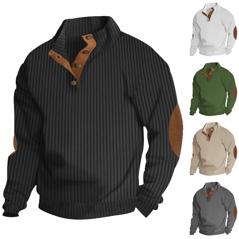 Men's structured ribbed pullover with short button collar and suede elbow patches StylebySassy