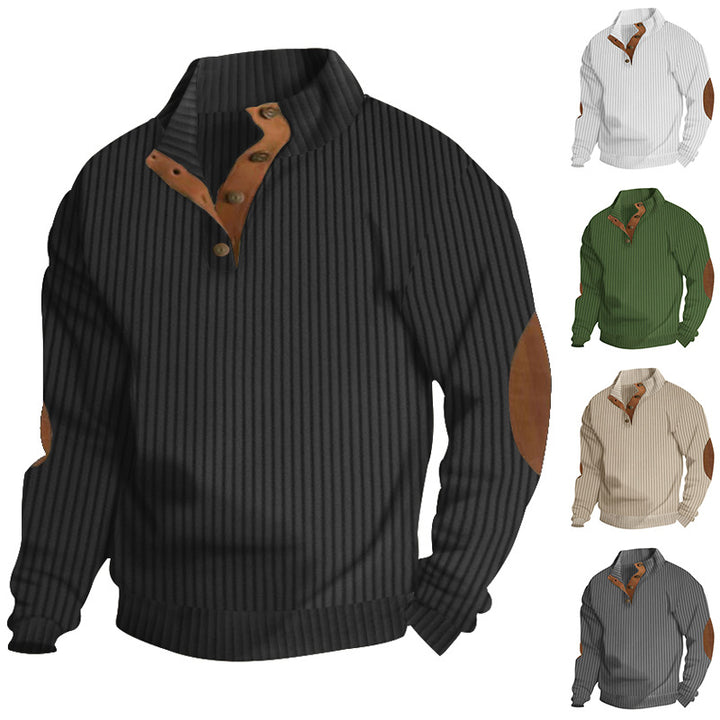 Men's structured ribbed pullover with short button collar and suede elbow patches StylebySassy
