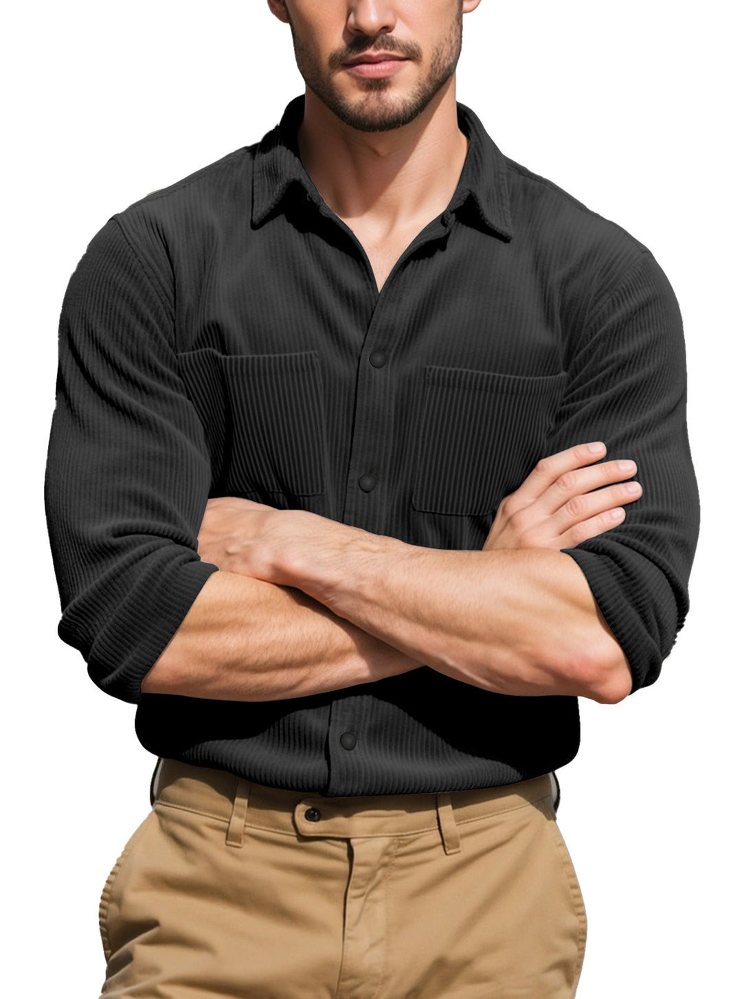 Men's textured casual overshirt with fine vertical ribbing, kent collar and patch chest pockets StylebySassy
