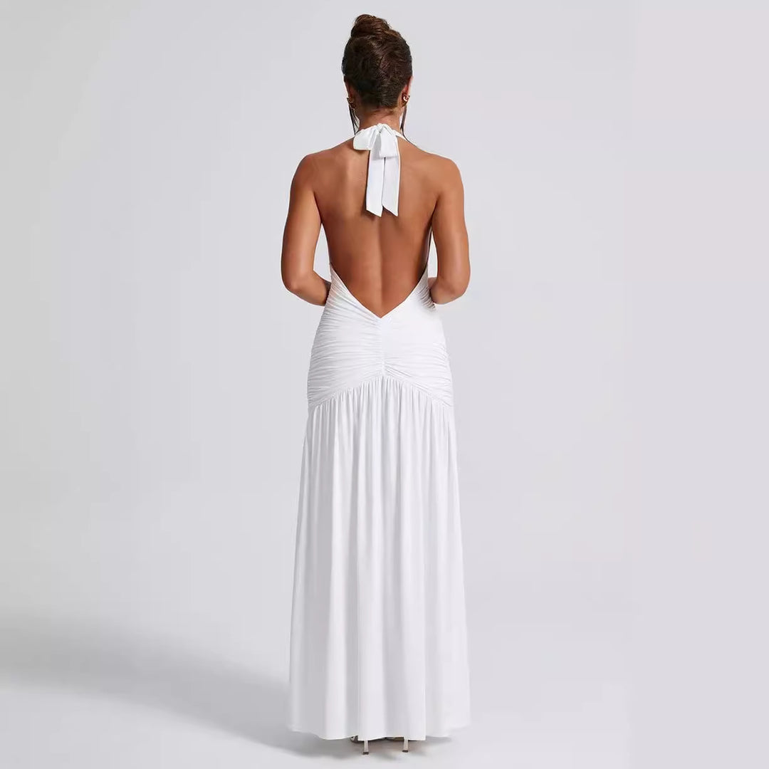 Ladies maxi dress with deep V-neck and ruffles