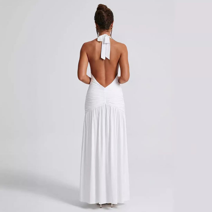 Ladies maxi dress with deep V-neck and ruffles