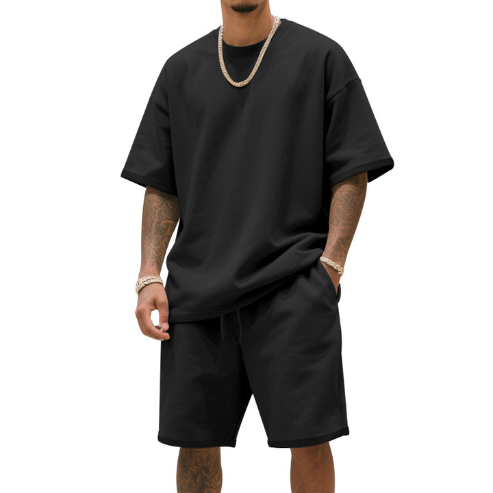Men's relaxed jersey set with extended round neck t-shirt and elastic drawstring shorts StylebySassy