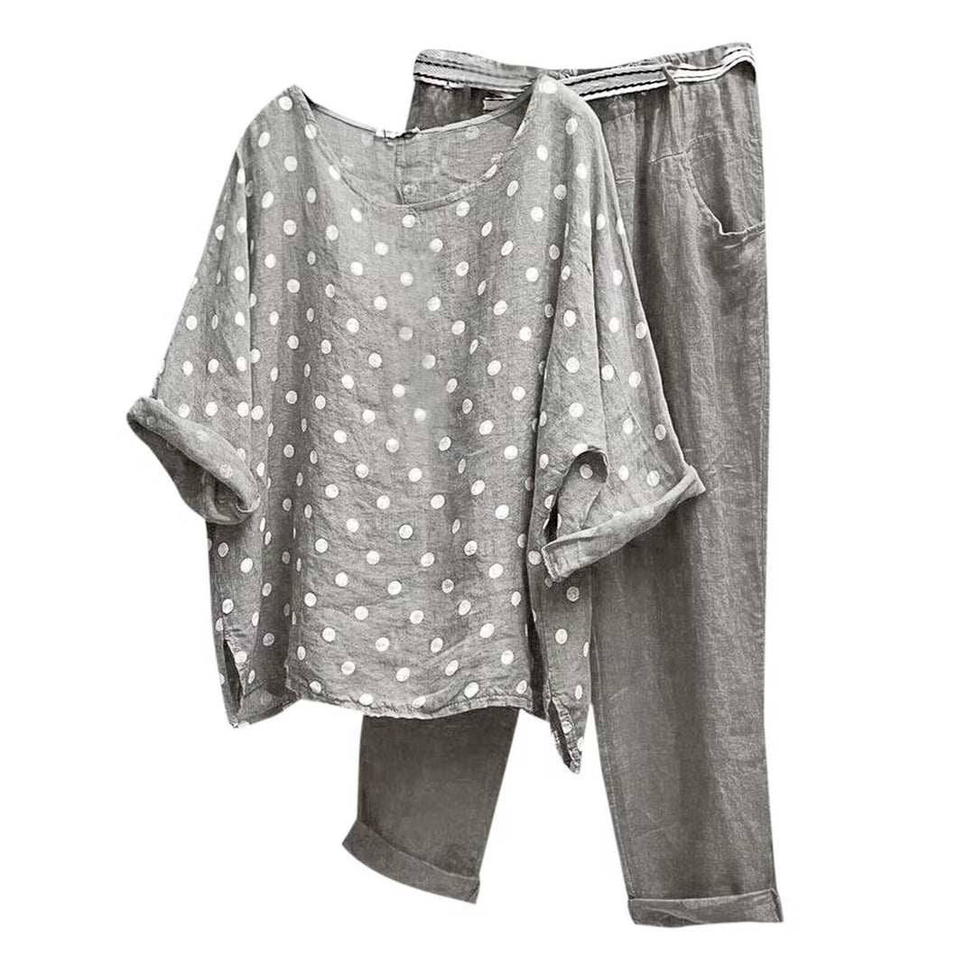 Women's Linen Loungewear Set with Polka Dot Oversized Tunic and Elastic Waist Pants StylebySassy