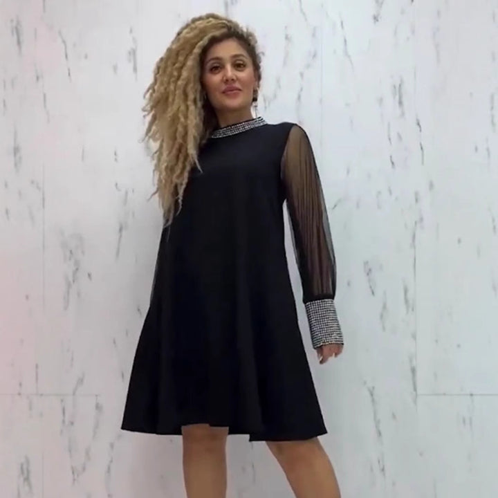 Ladies A-line short dress with transparent mesh sleeves and embellished collar StylebySassy