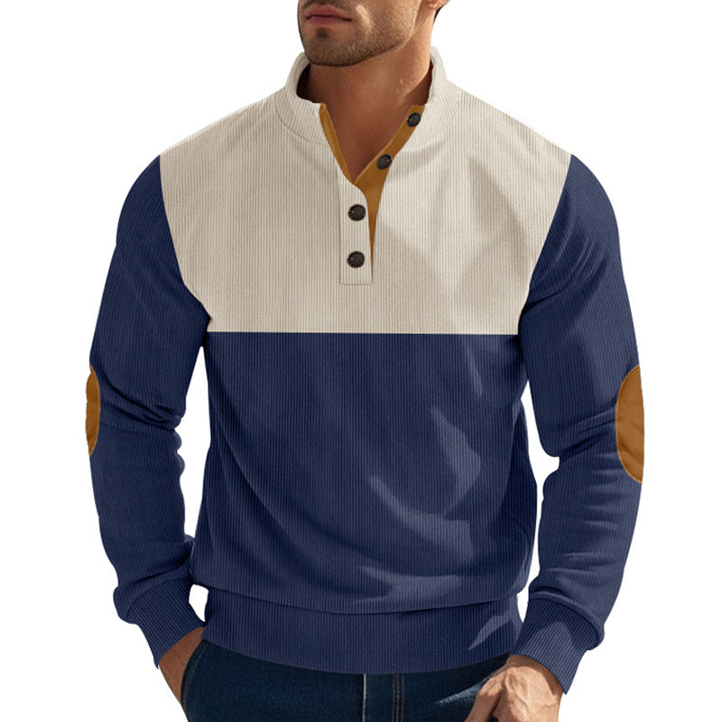 Men's ribbed knit sweater with standing collar, button placket, and leather elbow patches StylebySassy