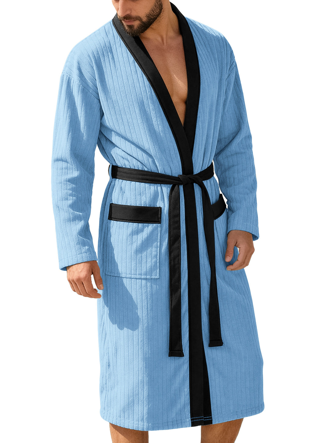 Men's knee-length ribbed kimono-style bathrobe with shawl collar and contrast piping StylebySassy