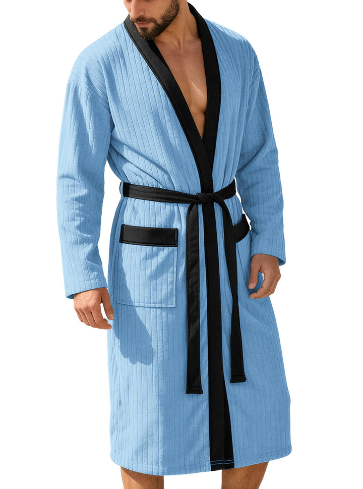 Men's knee-length ribbed kimono-style bathrobe with shawl collar and contrast piping StylebySassy
