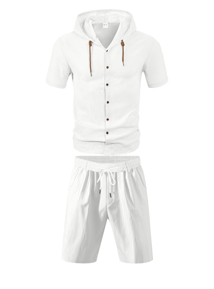 Men's lightweight summer hoodie in linen look with continuous button placket and drawstring StylebySassy