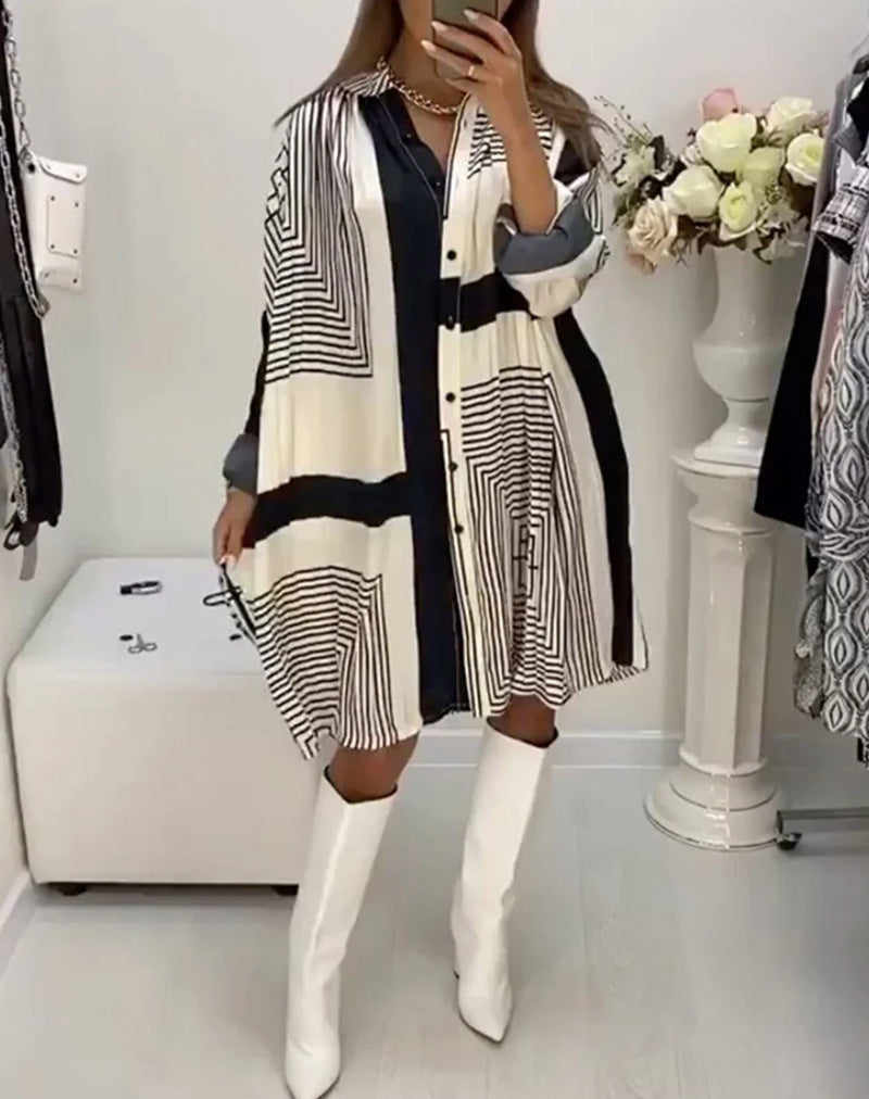 Women's knee-length A-line shirt dress with graphic line print, concealed button placket, and oversized cuffs StylebySassy