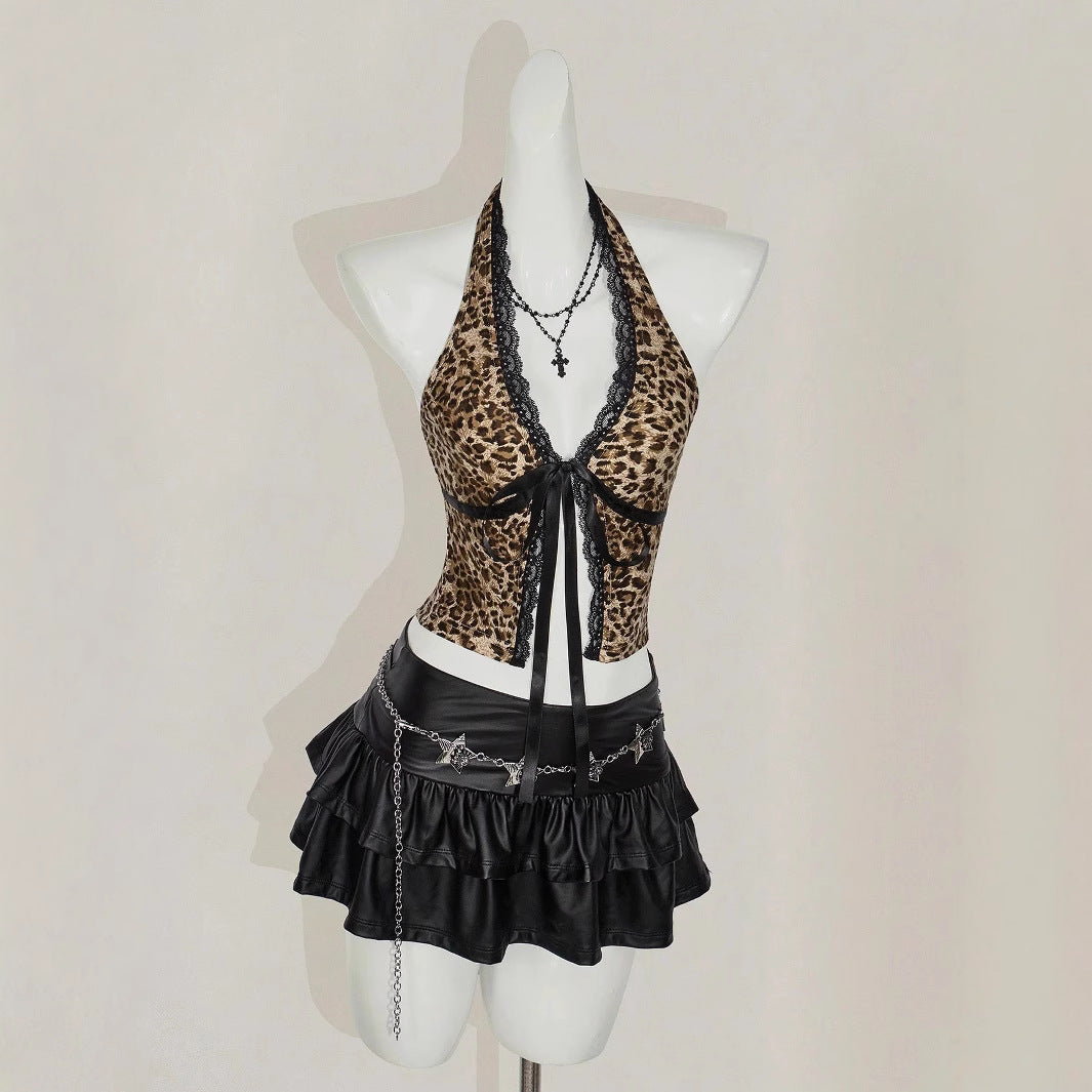 Women's halter top with lace embellishments and leopard pattern StylebySassy