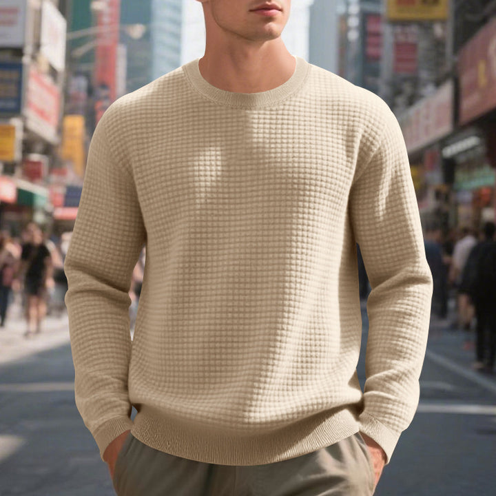 Men's structured knit sweater with waffle texture and round neck StylebySassy