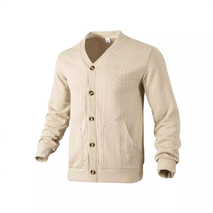 Men's elegant braided knit cardigan with V-neck button placket and patch pockets StylebySassy