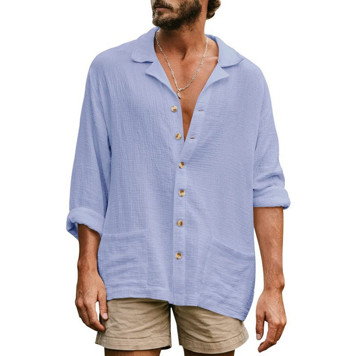 Men's airy cotton gauze shirt with open lapel collar, full button placket, and patch pockets StylebySassy