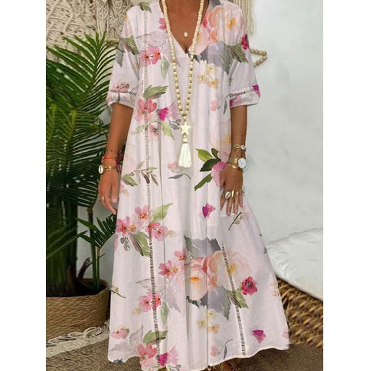 Ladies nan locker flowing Kaftan midimax dress with V-neck, openwork panels and lightweight linen blend quality StylebySassy