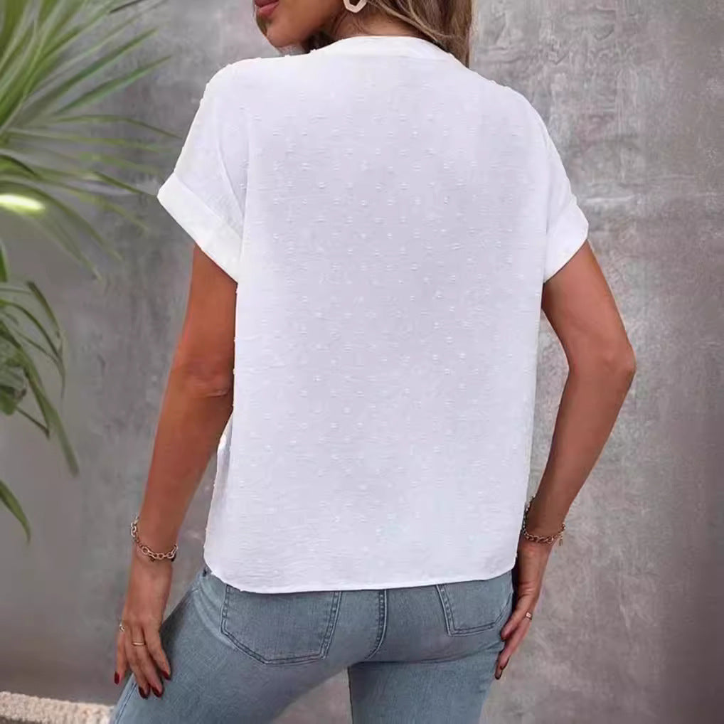 Ladies airy V-neck front button blouse with dobby dots and roll-up short sleeves StylebySassy