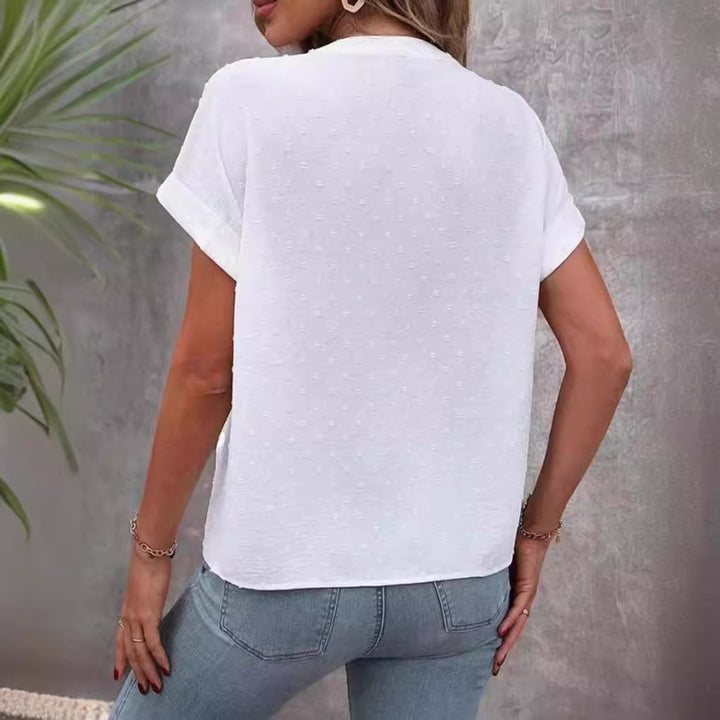 Ladies airy V-neck front button blouse with dobby dots and roll-up short sleeves StylebySassy