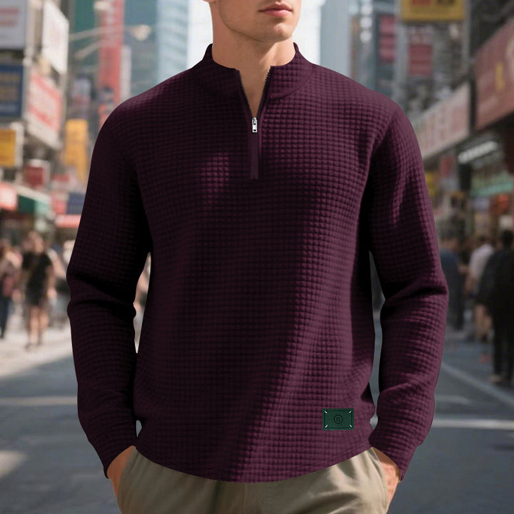 Men's nano lightweight waffle knit pullover with short collar zipper and rounded hem StylebySassy