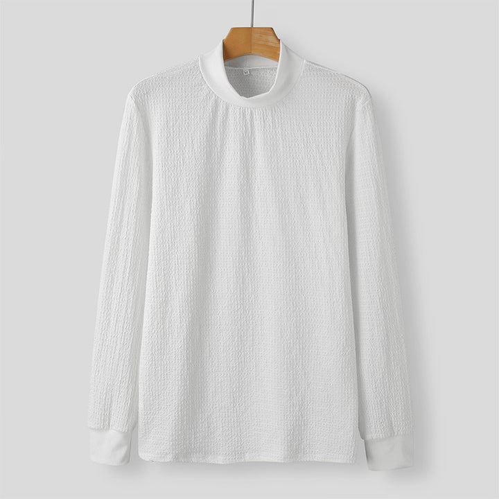 Unisex nano textured waffle knit pullover with slim stand-up collar and ribbed cuffs StylebySassy