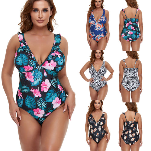 Women's one-piece swimsuit with floral design and deep V-neck StylebySassy