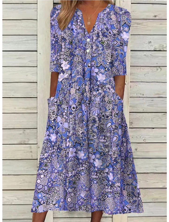 Women's Floral Midi Dress with V-Neck and 3/4 Sleeves