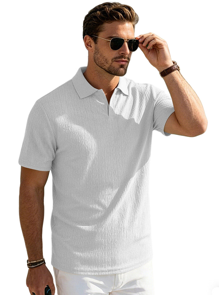 Men's elegant short-sleeve polo made of structured micro-jacquard cotton blend with shape-retaining shirt collar StylebySassy