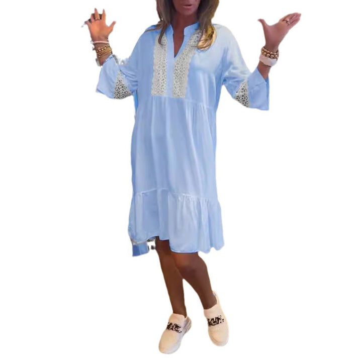 Women’s loose babydoll tunic dress with lace insert, V-neck, stand-up collar, and tiered ruffle StylebySassy